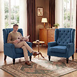 HOMCOM - Fauteuil à oreilles style Chesterfield dossier capitonné grand confort bois noir tissu bleu - vignette