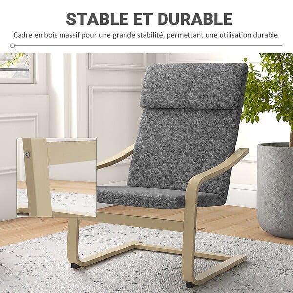 HOMCOM - Fauteuil de salon, fauteuil chambre avec accoudoirs incurvés, coussin, chaise de salon en tissu aspect lin, 65 x 79 x 98 cm, gris - large