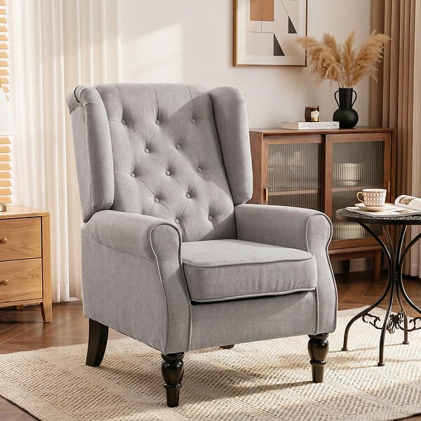HOMCOM - Fauteuil à oreilles style Chesterfield dossier capitonné grand confort bois noir tissu gris clair - large