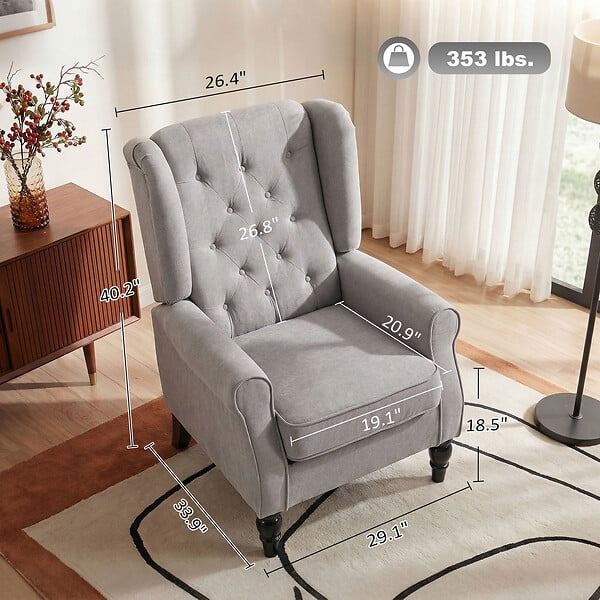 HOMCOM - Fauteuil à oreilles style Chesterfield dossier capitonné grand confort bois noir tissu gris clair - large