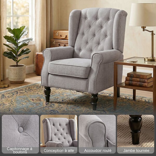 HOMCOM - Fauteuil à oreilles style Chesterfield dossier capitonné grand confort bois noir tissu gris clair - large