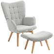 HOMCOM - Fauteuil à oreilles et son repose-pieds piètement bois velours côtelé dossier effet capitonné gris - vignette