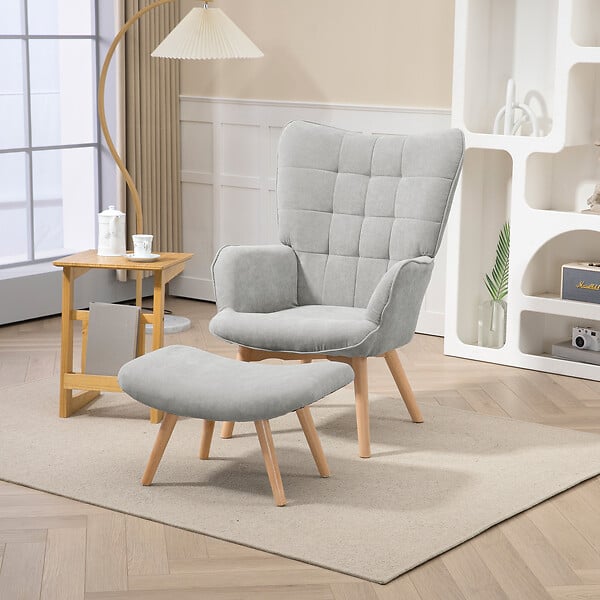 HOMCOM - Fauteuil à oreilles et son repose-pieds piètement bois velours côtelé dossier effet capitonné gris - large