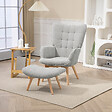 HOMCOM - Fauteuil à oreilles et son repose-pieds piètement bois velours côtelé dossier effet capitonné gris - vignette