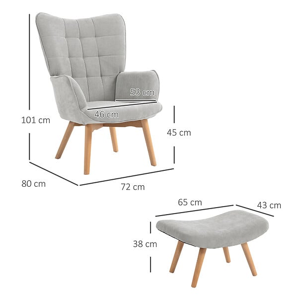 HOMCOM - Fauteuil à oreilles et son repose-pieds piètement bois velours côtelé dossier effet capitonné gris - large