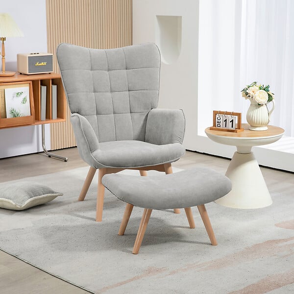HOMCOM - Fauteuil à oreilles et son repose-pieds piètement bois velours côtelé dossier effet capitonné gris - large