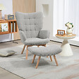 HOMCOM - Fauteuil à oreilles et son repose-pieds piètement bois velours côtelé dossier effet capitonné gris - vignette