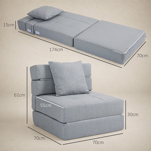 HOMCOM - Chauffeuse canapé-lit convertible 1 place - coussin déhoussable inclus - tissu gris clair - large
