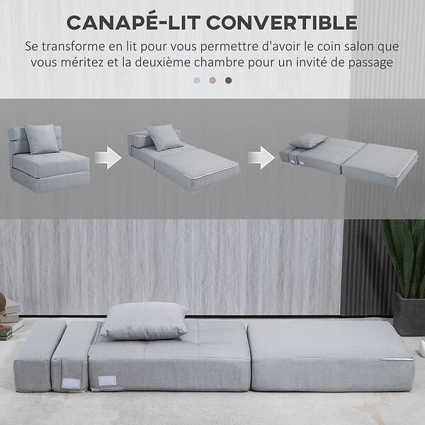 HOMCOM - Chauffeuse canapé-lit convertible 1 place - coussin déhoussable inclus - tissu gris clair - large