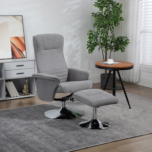 HOMCOM - Fauteuil relax style contemporain - pivotant, dossier inclinable, repose-pied - piètement acier chromé tissu gris - large