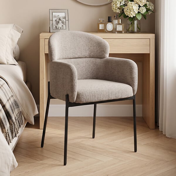 HOMCOM - Fauteuil design néo-rétro enveloppant métal noir tissu chenille taupe - large