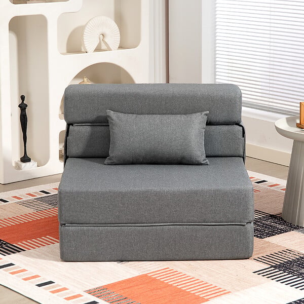 HOMCOM - Chauffeuse futon grand confort avec coussin tissu toucher lin gris - large