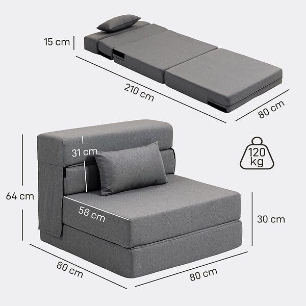 HOMCOM - Chauffeuse futon grand confort avec coussin tissu toucher lin gris - large