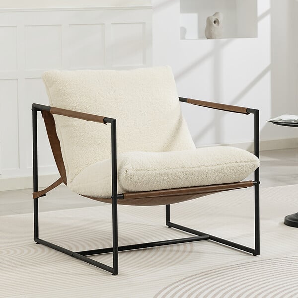 HOMCOM - Fauteuil lounge design assise suspendue PU camel acier noir bouclette blanc cassé - large