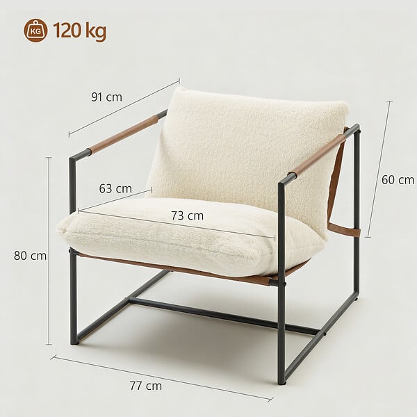 HOMCOM - Fauteuil lounge design assise suspendue PU camel acier noir bouclette blanc cassé - large