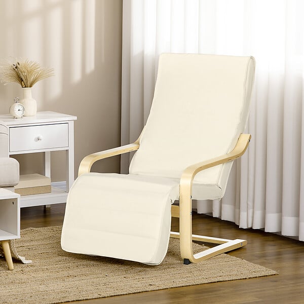 HOMCOM - Fauteuil style nordique - repose-pied réglable - déhoussable - bois de bouleau tissu crème - large