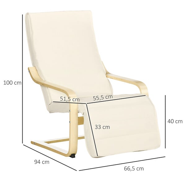 HOMCOM - Fauteuil style nordique - repose-pied réglable - déhoussable - bois de bouleau tissu crème - large