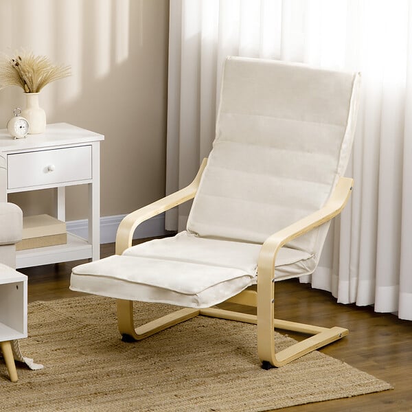 HOMCOM - Fauteuil style nordique - repose-pied réglable - déhoussable - bois de bouleau tissu crème - large