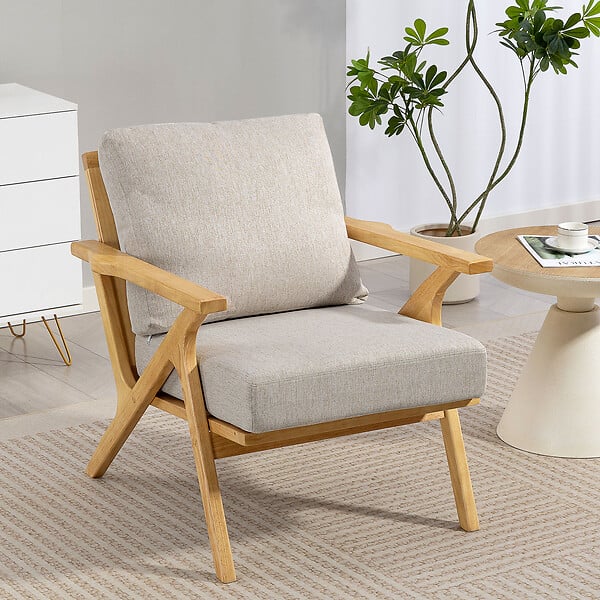 HOMCOM - Fauteuil lounge style nordique bois hévéa verni tissu toucher lin beige - large