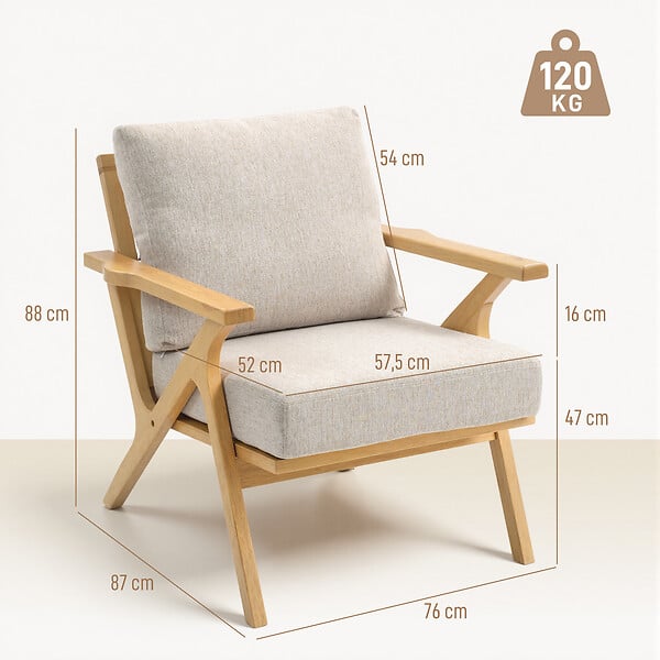 HOMCOM - Fauteuil lounge style nordique bois hévéa verni tissu toucher lin beige - large