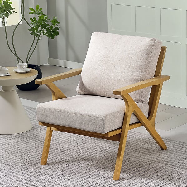HOMCOM - Fauteuil lounge style nordique bois hévéa verni tissu toucher lin beige - large