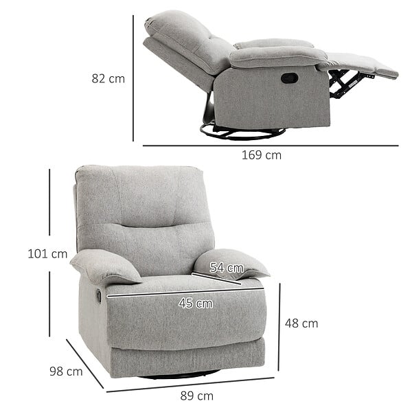 HOMCOM - Fauteuil de relaxation grand confort pivotant 360° dossier inclinable repose-pied ajustable tissu gris clair - large