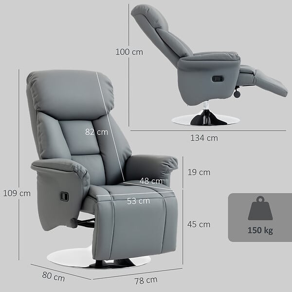 HOMCOM - Fauteuil relax design moderne inclinable pivotant repose-pieds intégré gris - large