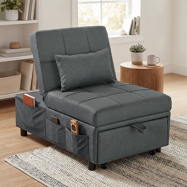 HOMCOM - Chauffeuse fauteuil convertible inclinable réglable tissu effet capitonné gris - large