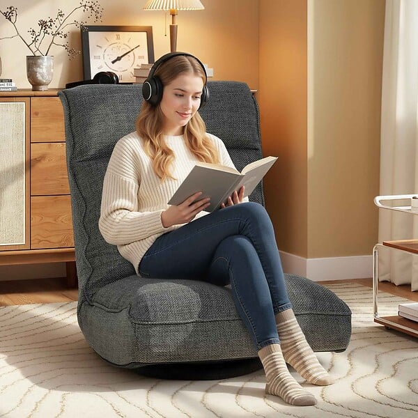 HOMCOM - Fauteuil de sol pliable pivotant à 360° dossier réglable lin gris - large