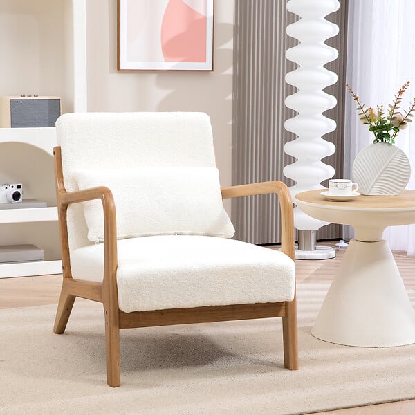 HOMCOM - Fauteuil lounge - 3 coussins inclus - assise profonde - accoudoirs - structure bois hévéa - effet laine bouclée blanc - large