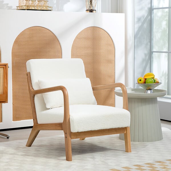 HOMCOM - Fauteuil lounge - 3 coussins inclus - assise profonde - accoudoirs - structure bois hévéa - effet laine bouclée blanc - large