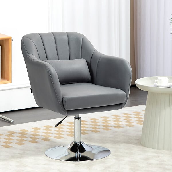 HOMCOM - Fauteuil lounge design grand confort coussins lombaires hauteur réglable pivotant 360° piètement métal chromé lin gris - large
