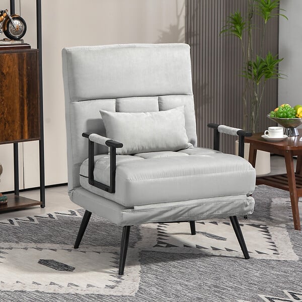 HOMCOM - Fauteuil chauffeuse canapé-lit convertible 1 place coussin pieds accoudoirs métal noir velours gris clair - large