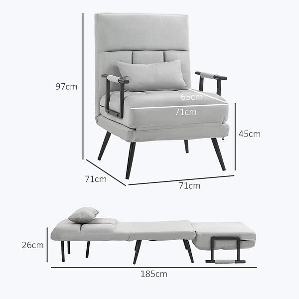 HOMCOM - Fauteuil chauffeuse canapé-lit convertible 1 place coussin pieds accoudoirs métal noir velours gris clair - large