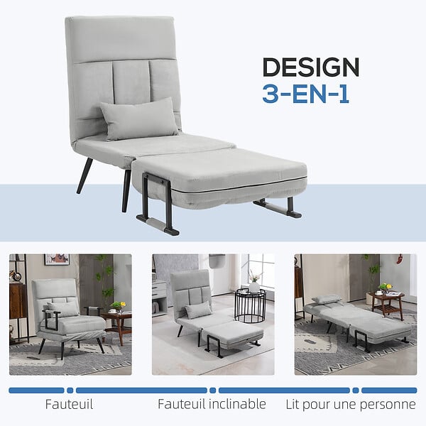 HOMCOM - Fauteuil chauffeuse canapé-lit convertible 1 place coussin pieds accoudoirs métal noir velours gris clair - large