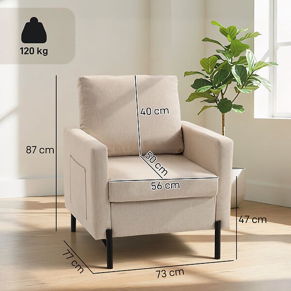 HOMCOM - Fauteuil de salon design piètement tubulaire acier noir tissu toucher lin beige - large