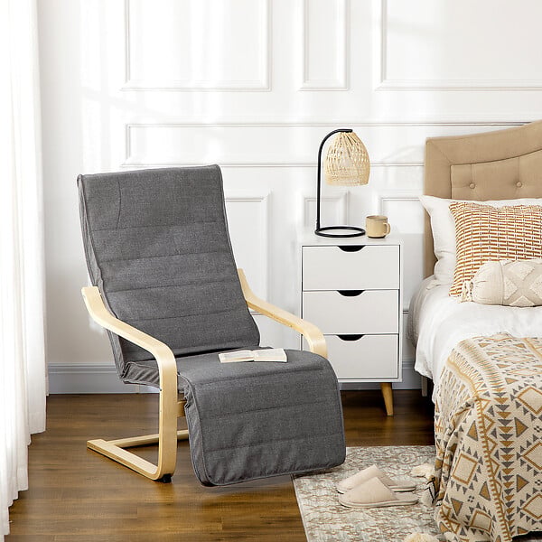 HOMCOM - Fauteuil style nordique - repose-pied réglable - déhoussable - bois de bouleau tissu gris - large