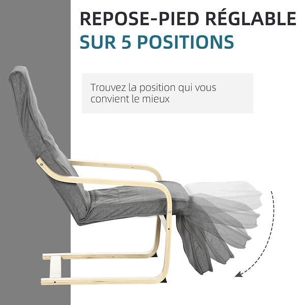 HOMCOM - Fauteuil style nordique - repose-pied réglable - déhoussable - bois de bouleau tissu gris - large