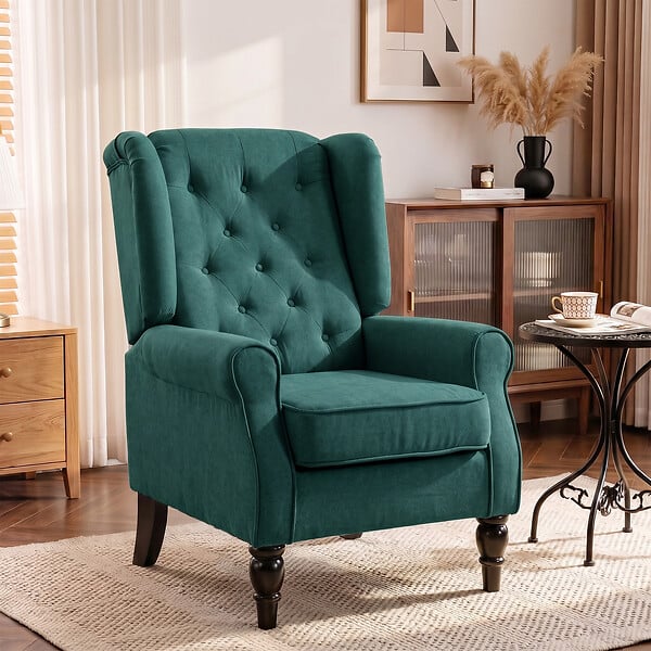 HOMCOM - Fauteuil à oreilles style Chesterfield dossier capitonné grand confort bois noir tissu vert - large