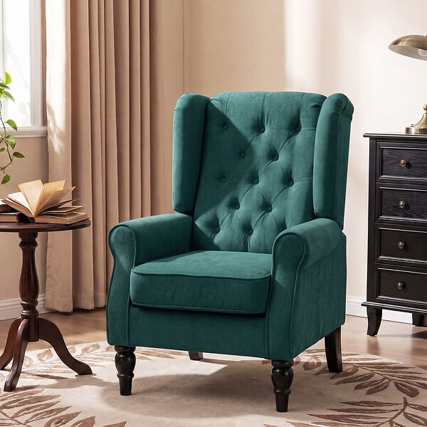 HOMCOM - Fauteuil à oreilles style Chesterfield dossier capitonné grand confort bois noir tissu vert - large