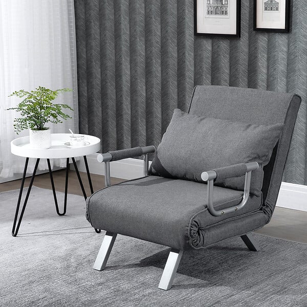 HOMCOM - Fauteuil chauffeuse canapé-lit convertible 1 place déhoussable grand confort coussin pieds accoudoirs métal lin gris clair - large