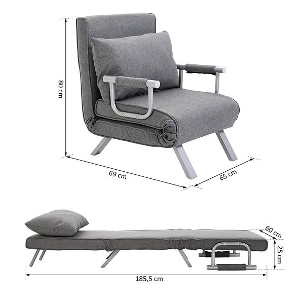 HOMCOM - Fauteuil chauffeuse canapé-lit convertible 1 place déhoussable grand confort coussin pieds accoudoirs métal lin gris clair - large