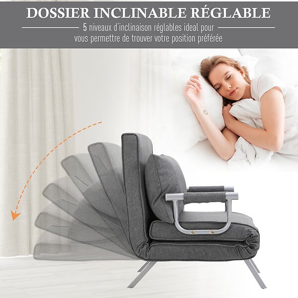 HOMCOM - Fauteuil chauffeuse canapé-lit convertible 1 place déhoussable grand confort coussin pieds accoudoirs métal lin gris clair - large