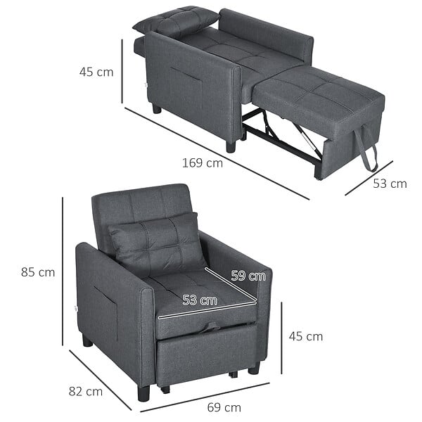 HOMCOM - Fauteuil convertible 3 en 1 chaise longue lit dossier inclinable 3 positions coussin gris - large