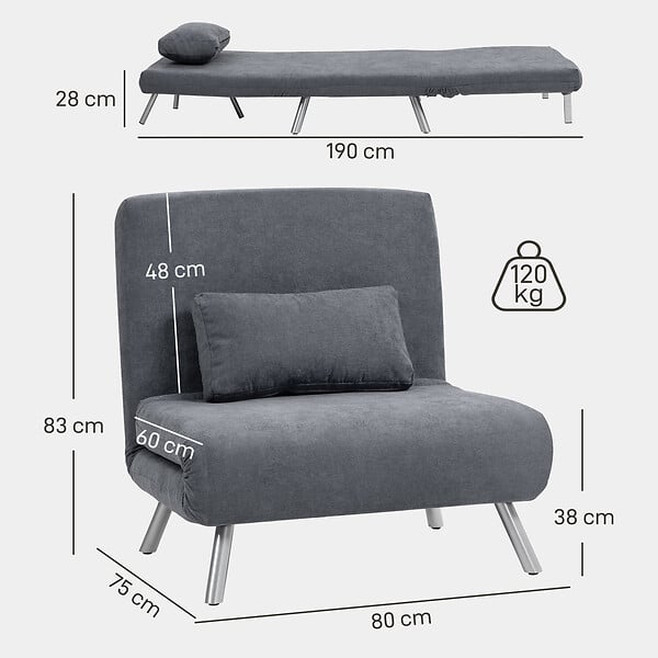 HOMCOM - Fauteuil convertible réglable design moderne piètement incliné métal tissu gris - large