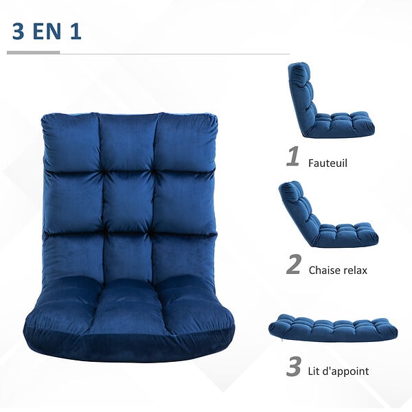 HOMCOM - Fauteuil convertible fauteuil paresseux grand confort inclinaison dossier multipositions 90°-180° flanelle polyester capitonné bleu roi - large