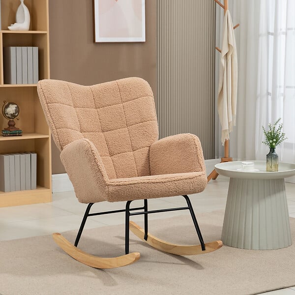 HOMCOM - Fauteuil à bascule rocking chair revêtement effet laine bouclée, structure en acier 71 x 98 x 101 cm marron - large
