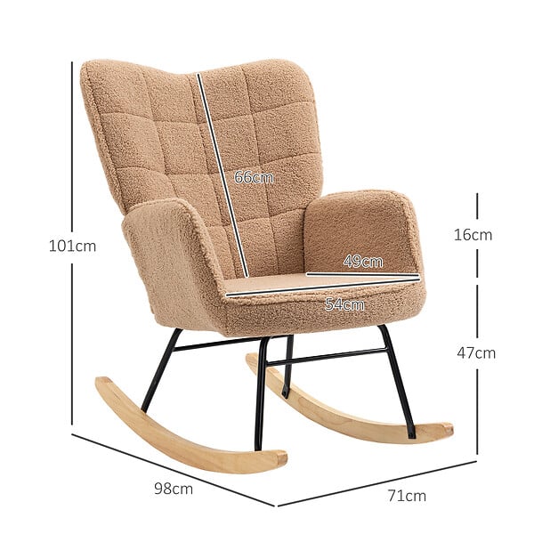 HOMCOM - Fauteuil à bascule rocking chair revêtement effet laine bouclée, structure en acier 71 x 98 x 101 cm marron - large