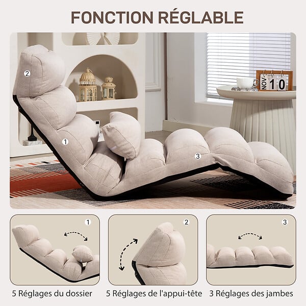 HOMCOM - Fauteuil convertible paresseux grand confort réglable tissu toucher lin beige - large