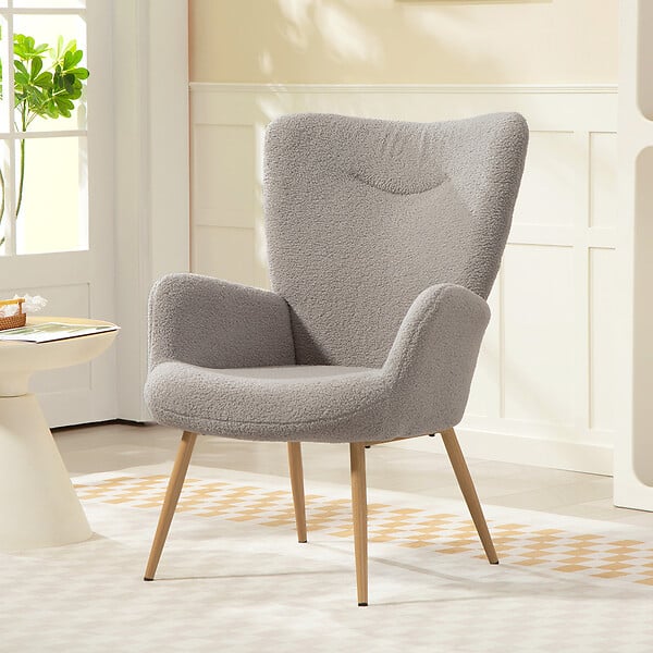 HOMCOM - Fauteuil bouclette design à oreilles piètement métal effet bois gris - large